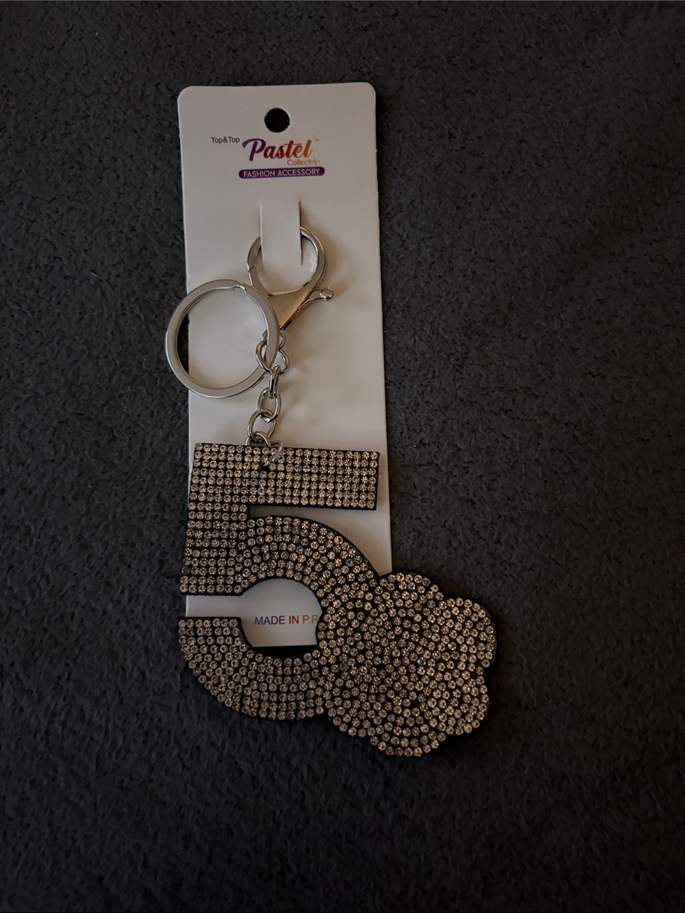 Pastels Silver Rhinestone Number 5 Silver Keychain Bag charm with Flower Charm